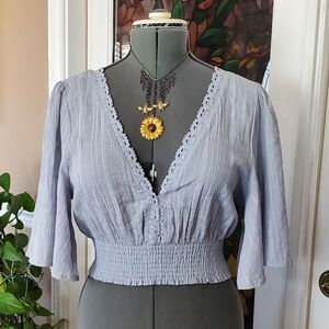 Lavender Lace-Trim Smocked Waist Blouse - Women Tops